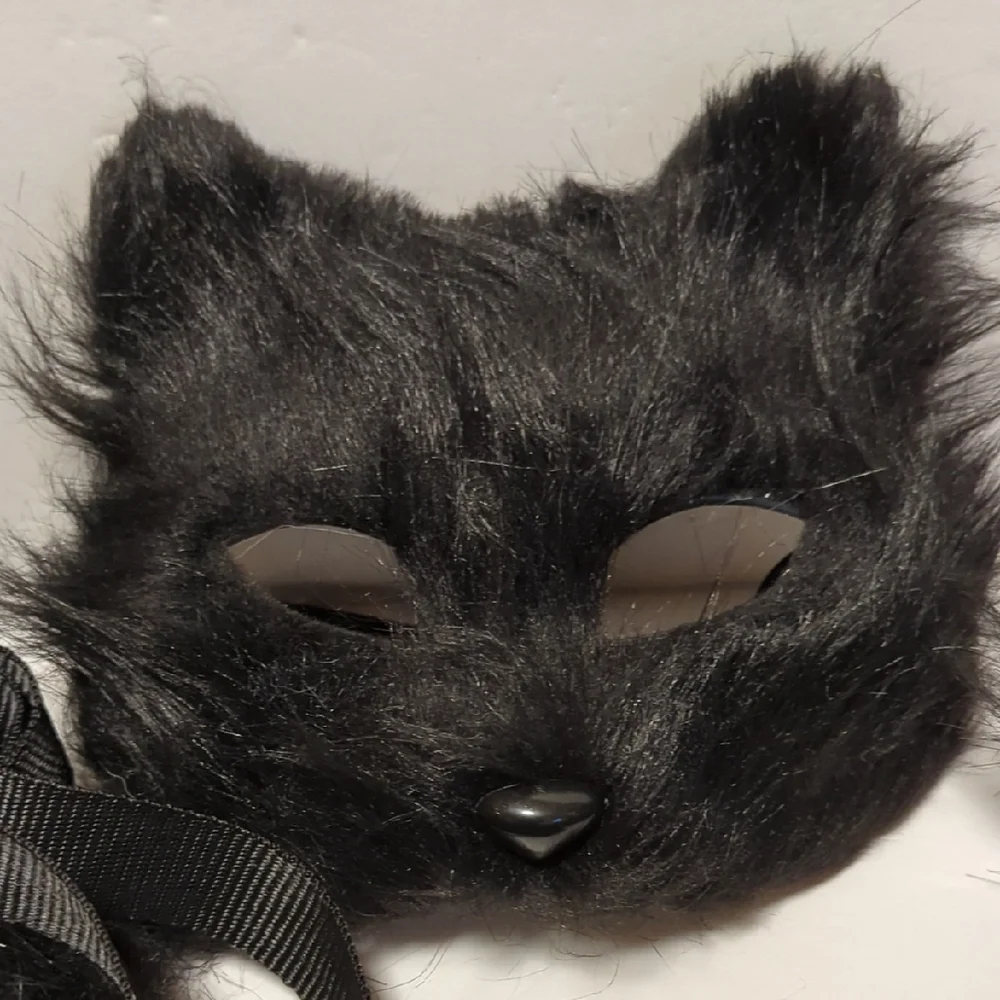 Furry Black Cat Costume with Mask,Tail and Fingerless Faux Fur Paw Gloves